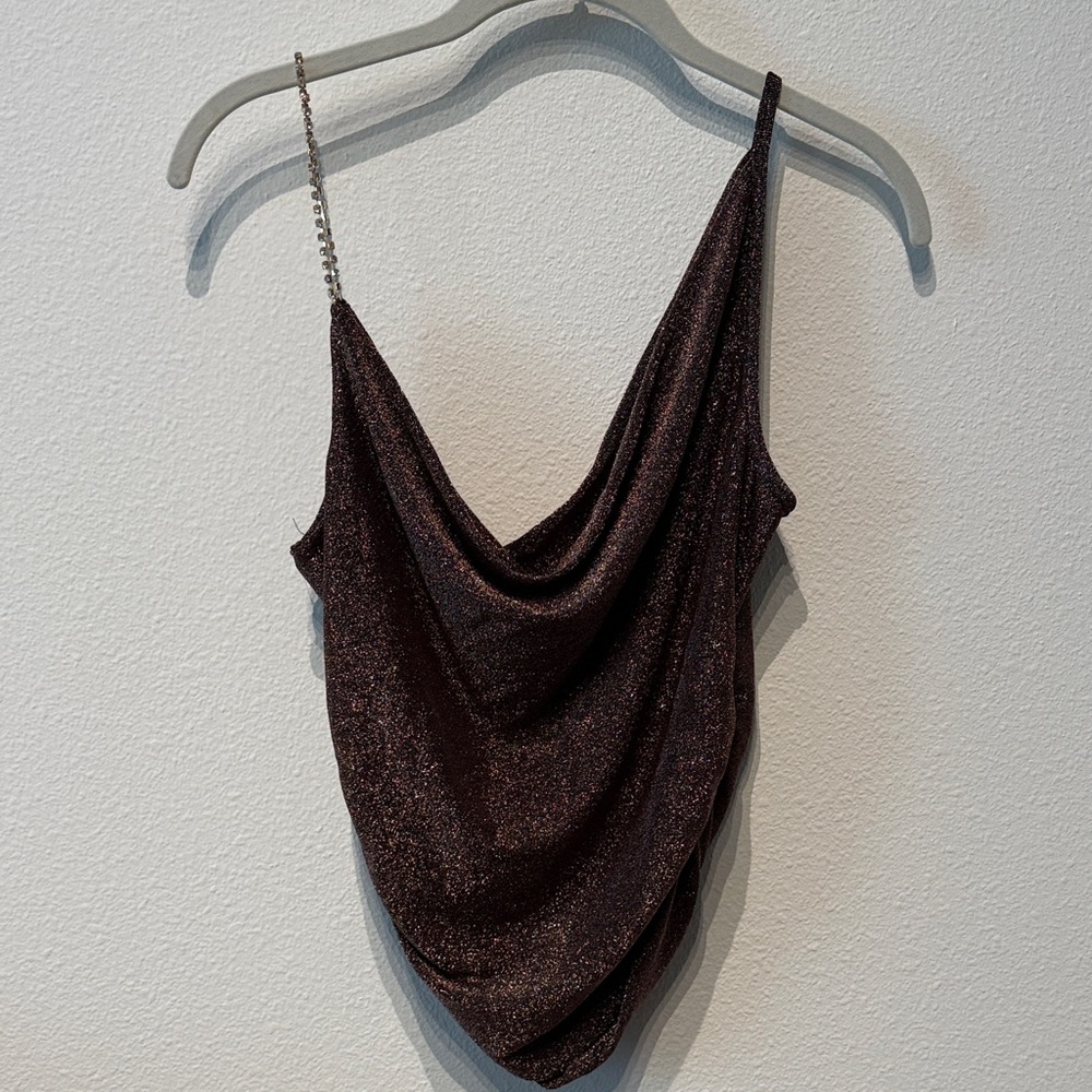 Shimmering Brown Draped Cowl Neck Party Top